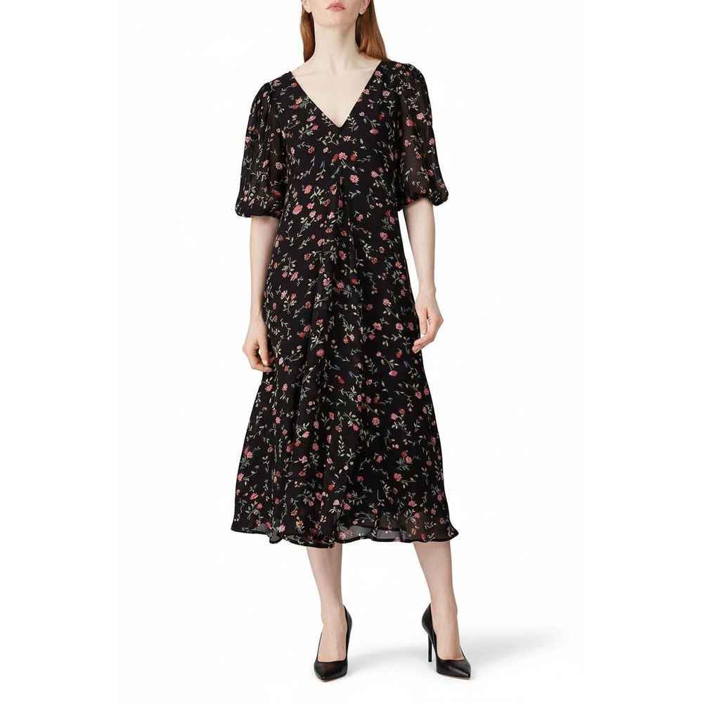 Ganni | Midnight Floral Midi Dress 34/XS Black Puff Sleeve V-Neck Crepe F4170